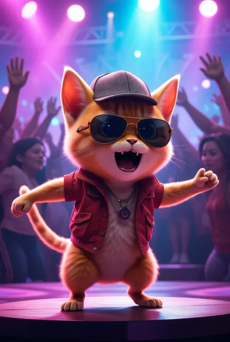 Cute kitty with sunglasses and a rap hat singing a song on a stage in the style of bruno mars.