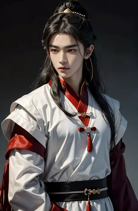 A 20-year-old handsome Chinese man wears an ancient Chinese dress from the Han Dynasty, long hair, black hair, a strong handsome face, dark eyebrows, big eyes, a sweet mane, a prominent nose, white skin.