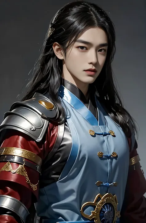 A 20-year-old handsome Chinese man wears an ancient Chinese dress of the Han Dynasty, long hair is completely black, his face is handsome, his face is dark, his eyebrows are big, his eyes are big, sweet, his nose is white, he wears the armor of a silver ca...