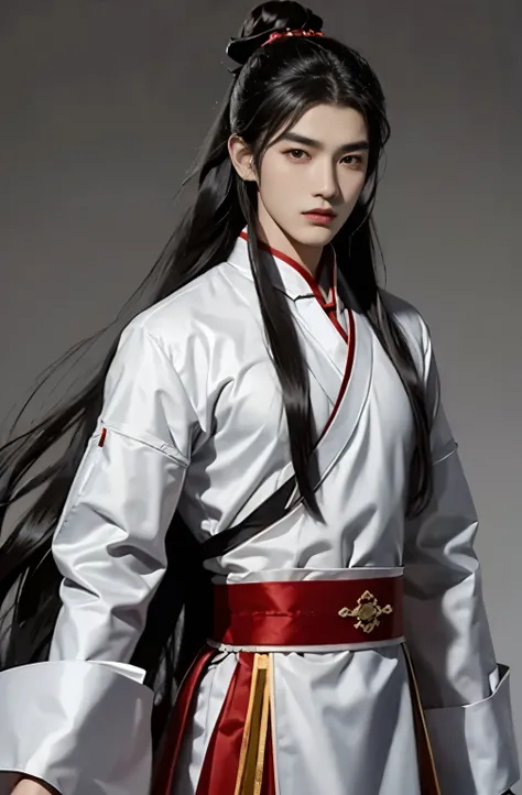 A 20-year-old handsome Chinese man wears an ancient Chinese dress from the Han Dynasty, long hair, black hair, a strong handsome face, dark eyebrows, big eyes, a sweet mane, a prominent nose, white skin.