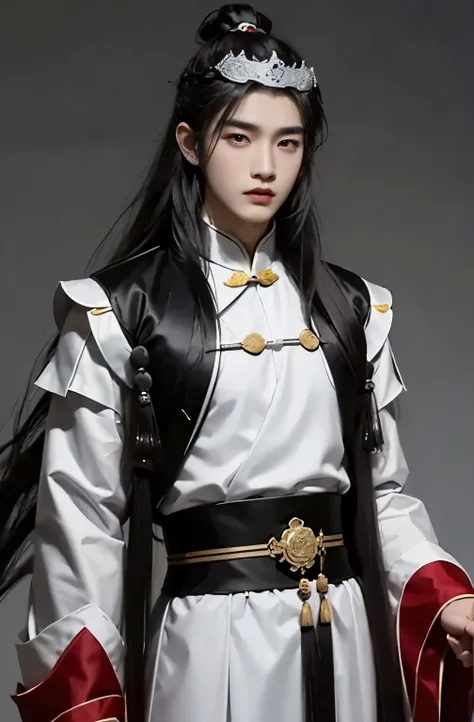 A 20-year-old handsome Chinese man wears an ancient Chinese dress from the Han Dynasty, long hair, black hair, a strong handsome face, dark eyebrows, big eyes, a sweet mane, a prominent nose, white skin.