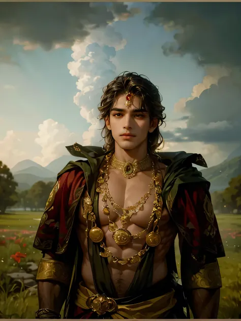 absurderes, A high resolution, Ultra detailed, hdr), Masterpiece, Best quality, Portrait of Indian God "Create an image of an exceptionally handsome Indian god with a perfectly proportioned, muscular body and noble facial expressions that exude power and s...