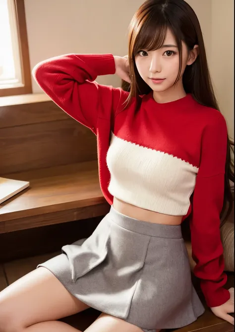 sexy sensual japanese daughter, Red Sweater, mini skirt