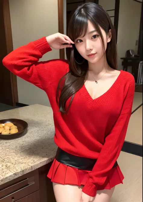 sexy sensual japanese daughter, Red Sweater, mini skirt