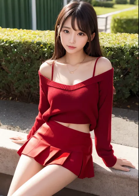 sexy sensual japanese daughter, Red Sweater, mini skirt