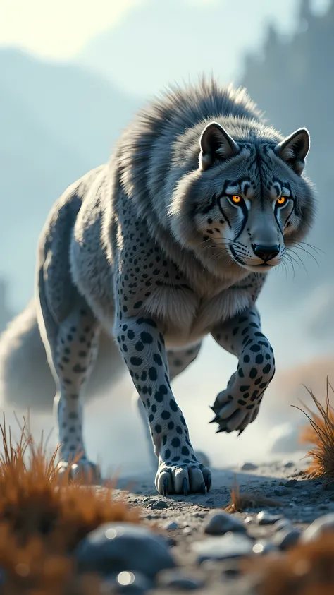 A fierce hybrid creature stands with unmatched speed and strength in a wild landscape. (Appearance: a muscular wolf-like body with thick gray fur blending into sleek cheetah spots along its flanks. Powerful, agile legs and sharp claws radiate primal energy...