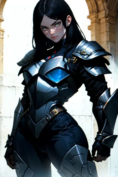 medieval villa (((all black armor))) (((all black armor))) (((all black armor))) (((all black armor))) solo girl black hair yellow eyes pale skin huge muscles large breasts thick