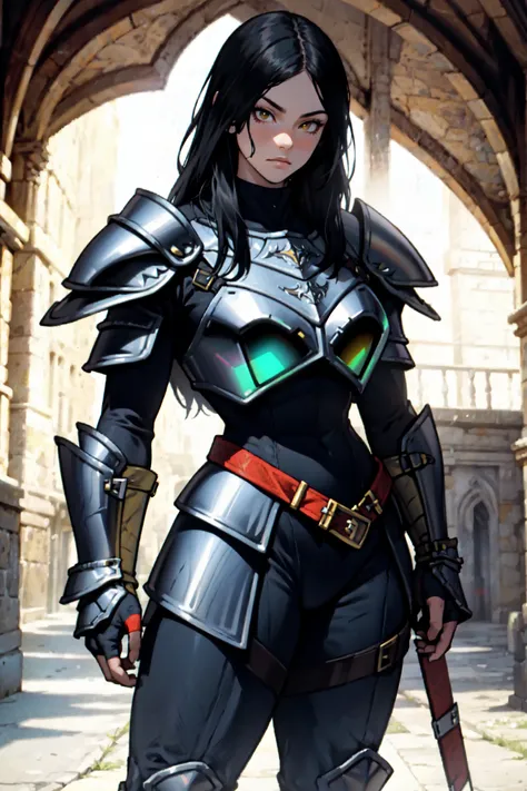 medieval villa (((all black armor))) (((all black armor))) (((all black armor))) (((all black armor))) solo girl black hair yellow eyes pale skin huge muscles large breasts thick