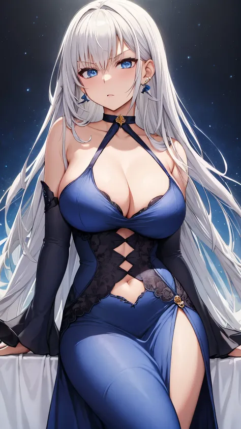  TOP QUALITY、  TOP QUALITY、  Masterpiece、  beauty(Age 25)、Dark blue long hair、  blue eyes、(White gorgeous dress)、 Big Breasts 、( very big breasts )、  angry face、  Navy Blue Choker 、  sexy pose、  earrings、