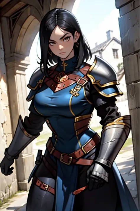 medieval villa (((all black armor))) (((all black armor))) (((all black armor))) (((all black armor))) solo girl black hair yellow eyes pale skin huge muscles large breasts thick