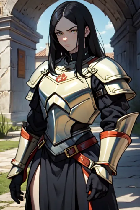 medieval villa (((all black armor))) (((all black armor))) (((all black armor))) (((all black armor))) solo girl black hair yellow eyes pale skin huge muscles large breasts thick