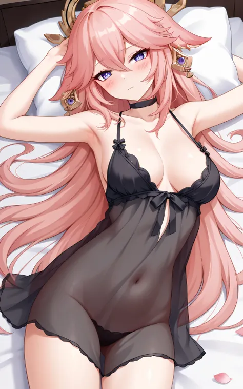 upper body, Yae miko, anime style, Random Sexy pose , ((Ultra detailing)), (very aesthetic, best quality, ultra detailed), intricate details,
1girl, Long hair,  blue eyes, sharp jawline, long hair, shy,  Blush ,(wearing Wearing Black negligee, choker), bed...