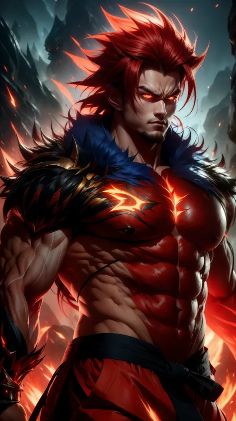 This image depicts a powerful and imposing warrior with a striking appearance. Hair: Wild, thick, and spiky red hair, adding to his fierce and untamed look. Eyes: Sharp, intense gaze with a determined and serious expression. Body: Extremely muscular physiq...