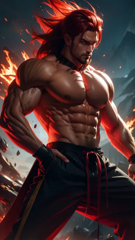 This image depicts a powerful and imposing warrior with a striking appearance. Hair: Wild, thick, and spiky red hair, adding to his fierce and untamed look. Eyes: Sharp, intense gaze with a determined and serious expression. Body: Extremely muscular physiq...