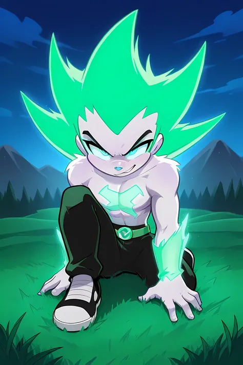 anime male wolf with pale green glowing fur in a superhero outfit, in a grasslands, glowing neon green ice powers, professionally drawn, danny phantom cartoon/ super sonic style