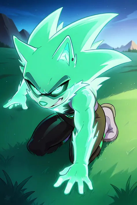 anime male wolf with pale green glowing fur in a superhero outfit, in a grasslands, glowing neon green ice powers, professionally drawn, danny phantom cartoon/ super sonic style