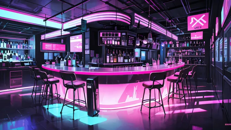 A futuristic bar illuminated by neon pink lights;
The environment has a cyberpunk aesthetic, with translucent bottles on the counter and colorful holograms;
The drawing is detailed and vibrant, with neon colors and cinematic shadows;
In this bar, there are...