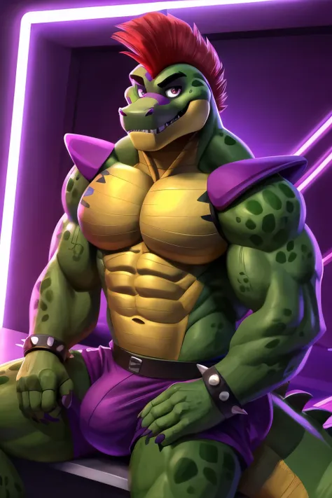 safe_pos, crocodilian, alligator, montgomery gator, solo, furry, male, muscle, muscular male, sitting, nice eyes, Towel on shoulder, shorts, looking at viewer, detailed face, bara, spiked bracelet, bracelet, red hair, five nights at freddy's, five nights a...