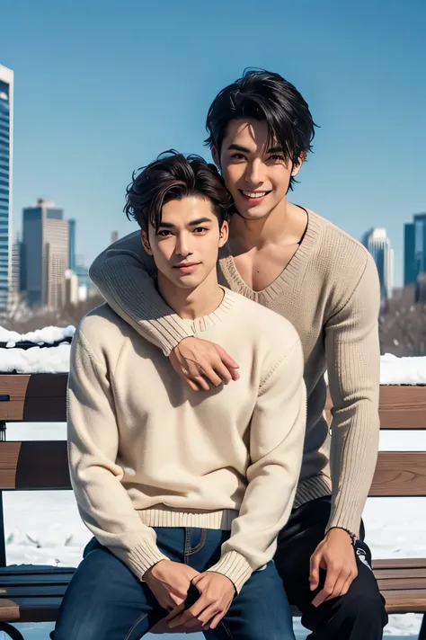 日本人duo　　 handsome　 short dark hair  　　short cropped 　　　male　duo　　Slim figure　　 Thick Sweaters 　　　 long pants　　Background is snow　Just snow 　　　 futuristic city skyscrapers and highways in an upper body composition　　 blue sky　　　Sit on a bench and look at the...