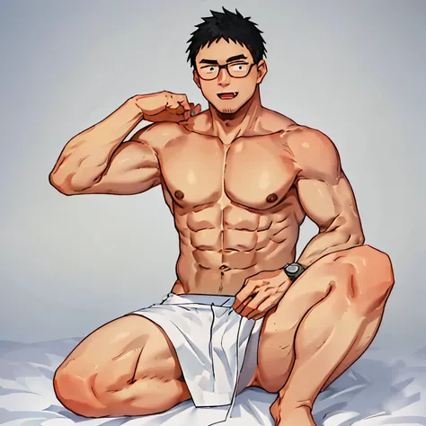  a Japanese man in his 20s, (((whole body))), Fascinated , sitting, Lean Muscle,  High Resolution, short hair, short hair, fangs,  lowered hood , x發飾, 獸耳頭罩, wearing glasses, 