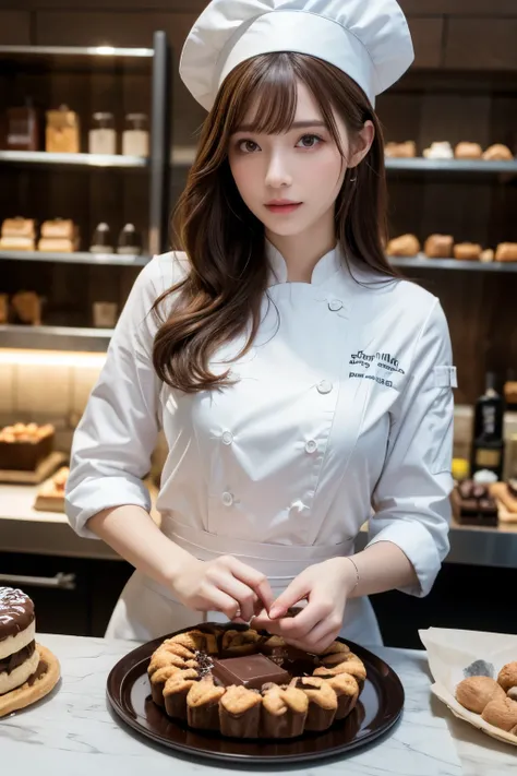 St. Valentine day season, in a cozy pastry shop, a pastry chef, creating a luxurious large chocolate with intricate decorations, with bob hairstyles pale orange and brown hair, wearing a clean white chef's uniform and chef's hat, the top button of the uppe...