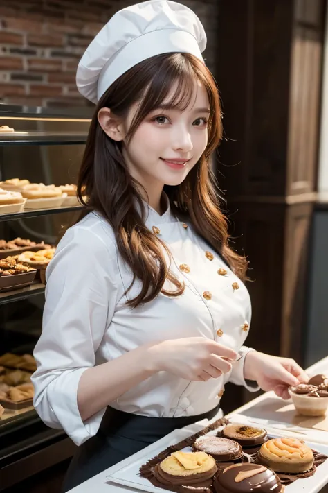 St. Valentine day season, in a cozy pastry shop whare lovely and cutely decorated, a pastry chef, creating a luxurious large chocolate with intricate decorations, with bob hairstyles pale orange and brown hair, wearing a clean white chef's uniform and chef...