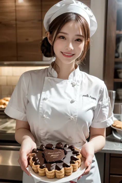St. Valentine day season, in a cozy pastry shop whare lovely and cutely decorated, a pastry chef, creating a luxurious large chocolate with intricate decorations, with bob hairstyles pale orange and brown hair, wearing a clean white chef's uniform and chef...