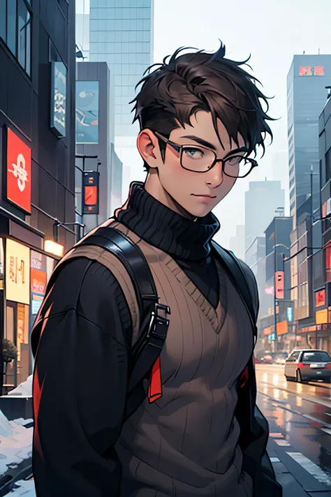 Japanese Handsome　 short dark hair  　　　male　Slim figure　　Thick knit　 sweater　　　Background is snow　Just snow 　　　 futuristic city skyscrapers and highways in an upper body composition　　universe 　 looking at the camera　　縁の細いGlasses　　Short round cut　　Glasses　　...