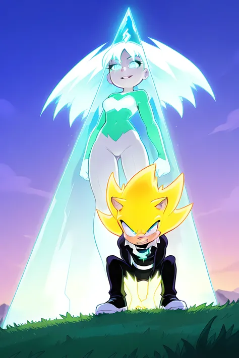 anime male wolf with pale yellow glowing fur in a superhero outfit, in a grasslands, glowing neon yellow ice powers, professionally drawn, danny phantom cartoon/ super sonic style