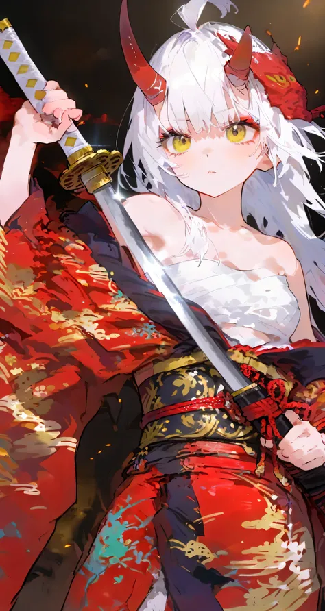  small breasts, Gray Hair, stupid hair, long red onyhorn , Forehead corner,  off-shoulder kimono, Exposing, bleached cloth , white sword, Place your hand on the hilt of your sword,  dynamic pose ,  yellow eyes,  long hair,  wheat skin 