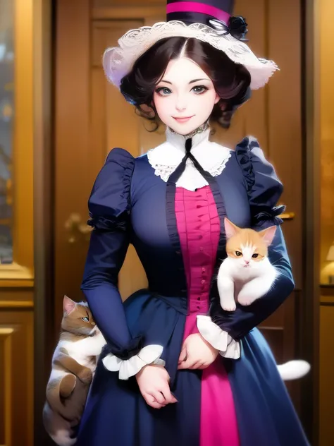 woman in pink dress holding a cat in front of a wooden building, wearing 1860s era clothes, wearing 1 8 6 0 s clothes, victorian style costume, wearing 1 8 5 0 s era clothes, wearing 1850s era clothes, wearing 1840s era clothes, wearing 1 8 5 0 s clothes, ...