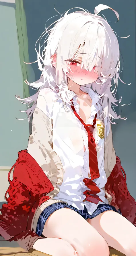 (flat chest:1.3), skinny body, Blushing、To blush、Thick eyes, white hair, long hair, hair over one eye, messy hair, ahoge, medium hair,school uniform, wariza, A dynamic pose, ((clothed:1.7)), white dress shirt, Miniskirt, oversized cardigan, red tie