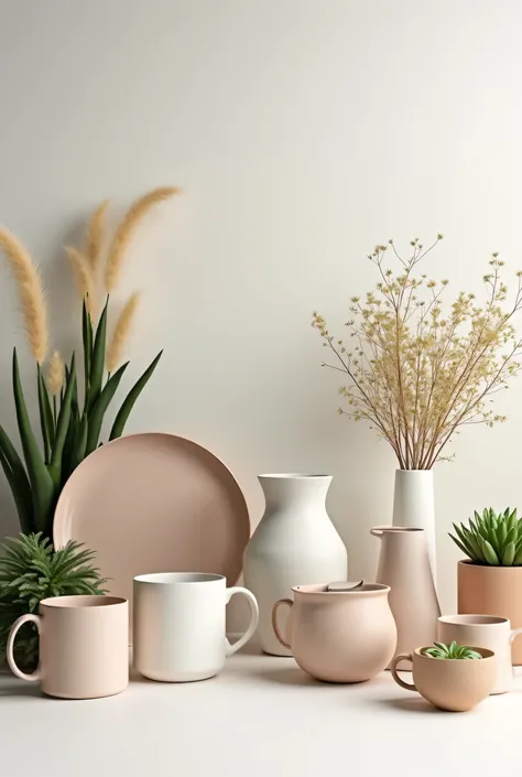 the background should look profesional and i want all mugs, plates and vasses in the image. in a photographical setting and a still life with modern plants and astetichness