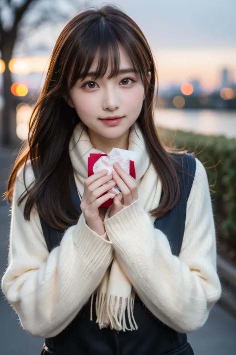 Valentine day, at winter dusk, in the park in the urban area, Tokyo, gorgeous cityscape, city shines with illuminations, dressed in school uniform with a warmly scarf, holding a gift box in the palm of her hand and discreetly to someone, heart is pounding ...