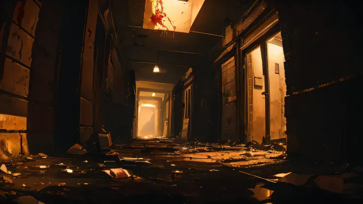 "A first-person perspective of a horror scene. The viewer is lying on the cold, damp floor of a narrow corridor with dirty concrete walls, covered in mold, grime, and water stains. The scene takes place at night, and the minimal lighting is weak and diffus...