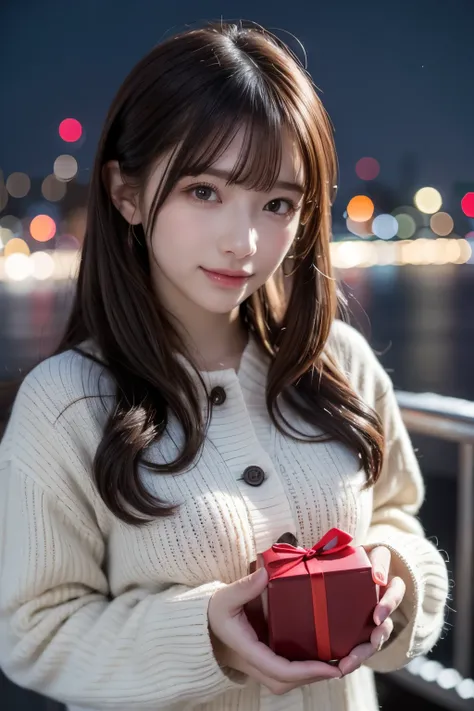 Valentine day, winter, a snowy night sky, holding a gift box with chocolate illustrations on her hands, Tokyo, gorgeous cityscape, city shines with decorations, wearing flullry and warmly winter fashion, the top button of the upper clothes is opened, pale ...