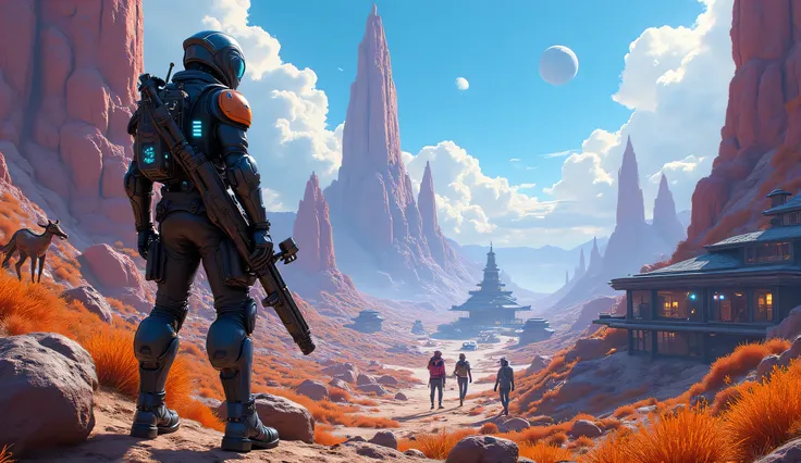 A highly detailed in third-person gameplay perspective. The scene showcases a futuristic alien planet with vibrant, bioluminescent flora, towering rock formations, and a sprawling colony in the background. The player character, clad in a sleek, space-farin...