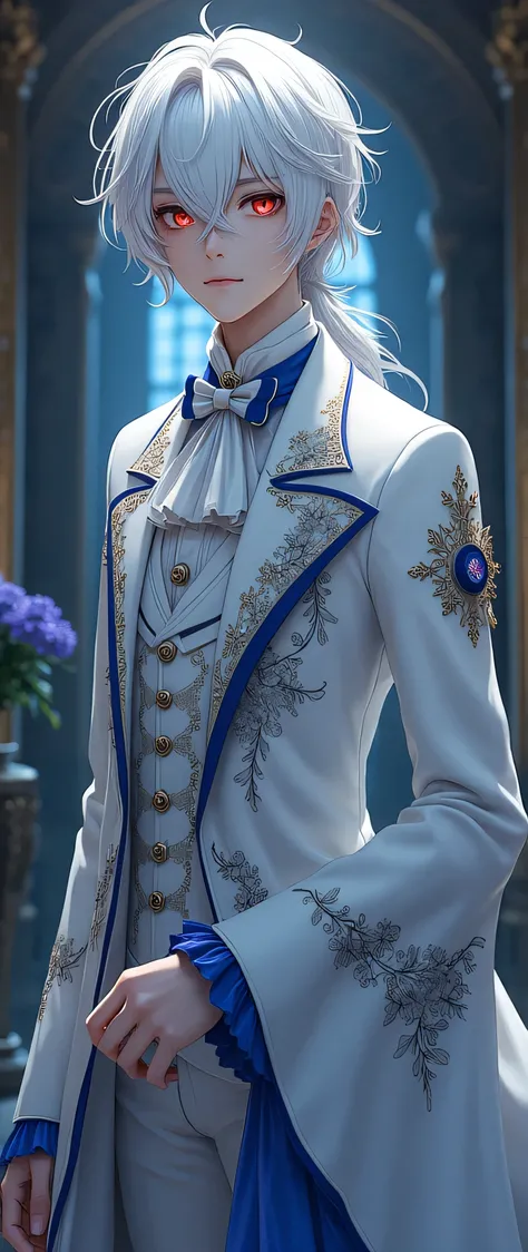 anime guy. Gothic white outfit with elements of blue and blue. 17th century style.  red eyes and white hair