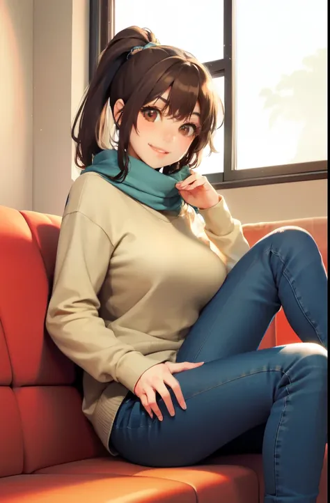 Bell, anime, brown hair, medium breasts, brown eyes, light smile, jeans, scarf, gray sweatshirt, blue pants, sitting, cross-legged, inside a smart home, sitting on the couch