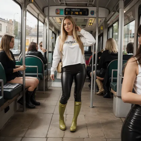 leather leggings Blonde Haare, green tall wellies, bus
