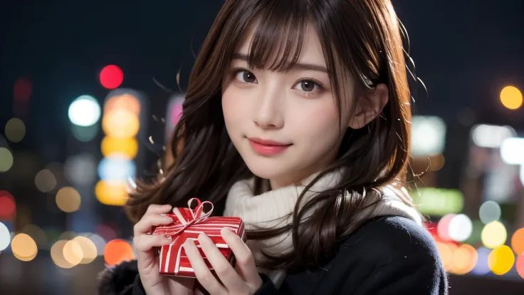 Valentine day, winter, a snowy night sky, holding a gift box with chocolate illustrations on her hands, Tokyo, gorgeous cityscape, city shines with decorations, wearing flullry and warmly winter fashion, the top button of the upper clothes is opened, pale ...