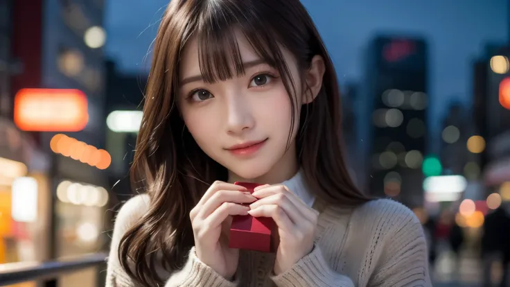 Valentine day, winter, a snowy night sky, holding a gift box with chocolate illustrations on her hands, Tokyo, gorgeous cityscape, city shines with decorations, wearing flullry and warmly winter fashion, the top button of the upper clothes is opened, pale ...