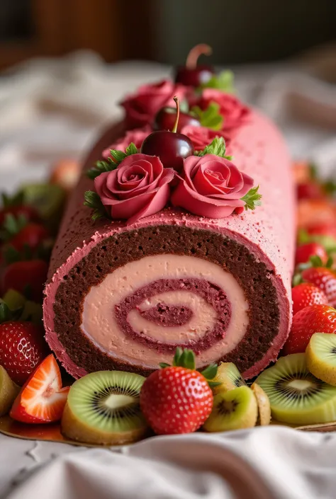 There is a beautiful large plate on the bed . A beautiful large log cake with peeled kiwi slices and strawberries The cake is decorated with creamy burgundy roses and cherries