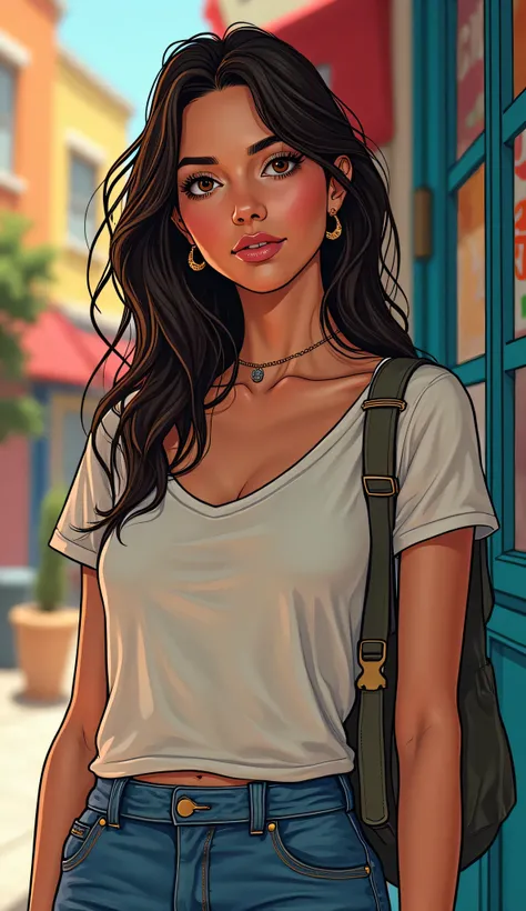 DISCREET image. with discreet casual clothes. image adult woman, american, comic book style. with a discreet smile. IMAGES WITH VIBRANT COLORS. 