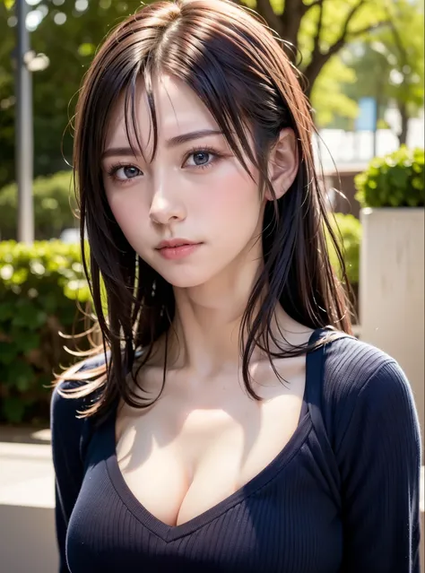 (in 8K, top-quality, ​masterpiece:1.2), (realisitic, Photorealsitic:1.37), ultra-detailliert, Natural sunlight, mideum breasts, I can see the cleavage, 1 persons, 25 year old woman, Dark hair, Pendants, Torn shorts, Light Knit V-Neck Shirt, At the time of ...