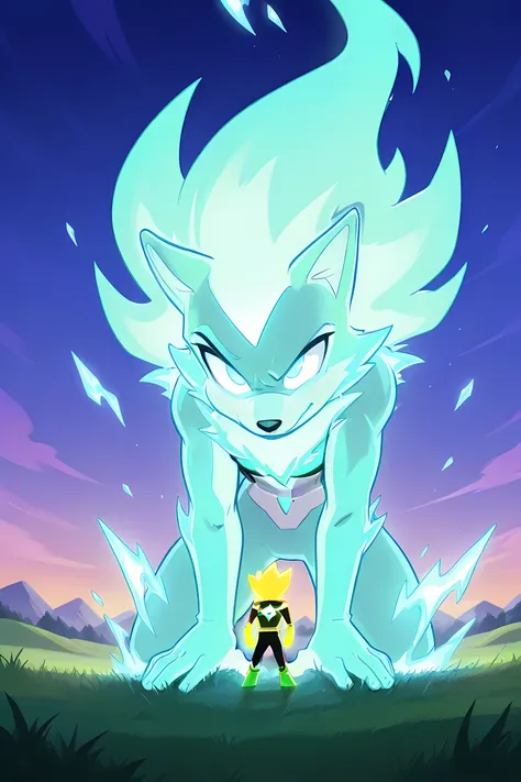 anime male wolf with yellow glowing fur in a superhero outfit, in a grasslands, glowing neon yellow ice fire powers, professionally drawn, danny phantom cartoon/ super sonic style