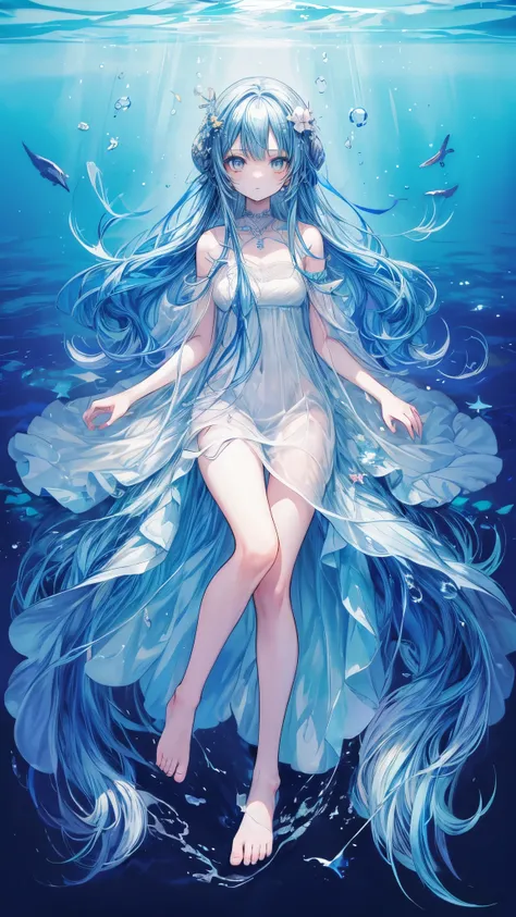 ((Blue hair long twin hair 1 girl:1.4))，(( blue eyes))、Full body solo shooting、(( in the ocean:1.4))、seabed、deep sea、Floating in the sea、( splashes :1.3)、Lots of small fish、(( long dress、 barefoot))、Floating、A lot of bubbles、bubble、jellyfish、Jellyfish、Cora...