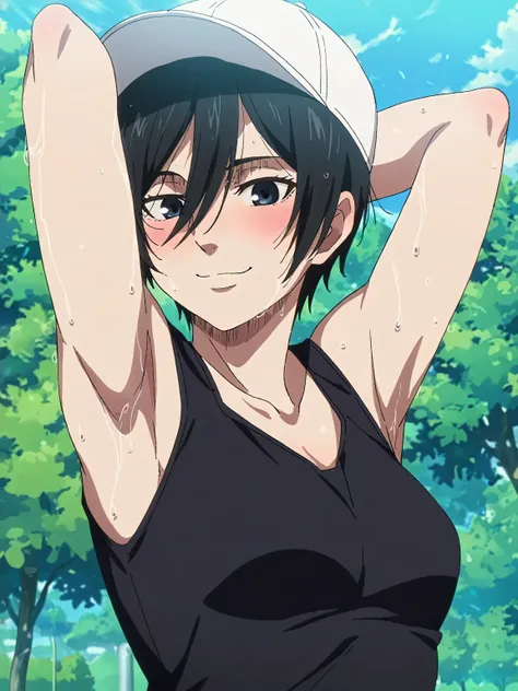 masterpiece, best quality, amazing quality, anime screencap, 1girl, solo, mikasaIL, short hair, hair between eyes, black hair,black eyes, (black tank top:1.1), sleeveless, bare shoulders, bare arms, arm behind head, armpit, head towards viewer, looking at ...