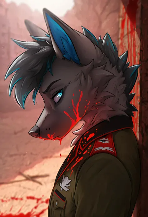 masterpiece, best quality, amazing quality, very aesthetic, high resolution, ultra-detailed, absurdres, newest, scenery, furry, body fur, YuriOC, grey fur, male, solo, military suit, military clothed, blue eyes, face close up, blood splatter, blood on face...