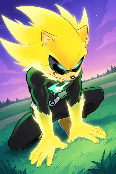 anime male wolf with yellow glowing fur in a superhero outfit, in a grasslands, glowing neon yellow ice fire powers, professionally drawn, danny phantom cartoon/ super sonic style